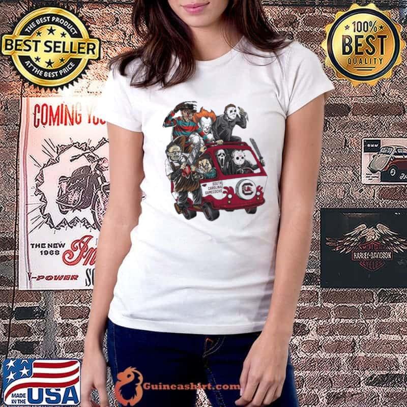 South Carolina Gamecocks Horror Movies Characters Bus Halloween 2023 Shirt Ladiestee