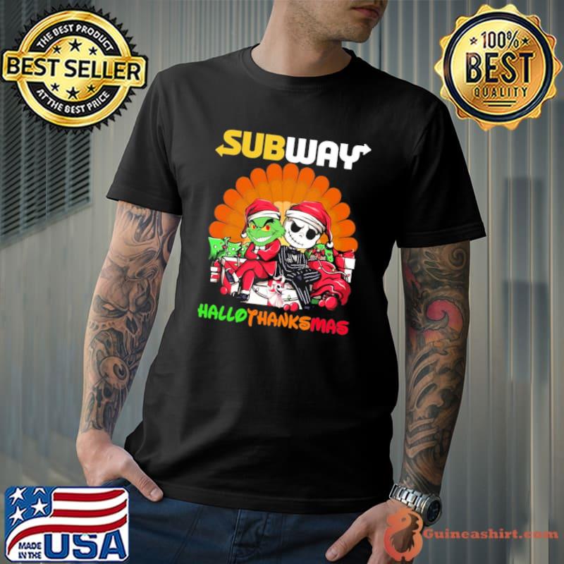 Subway hallothanksmas grinch and jack skellington shirt