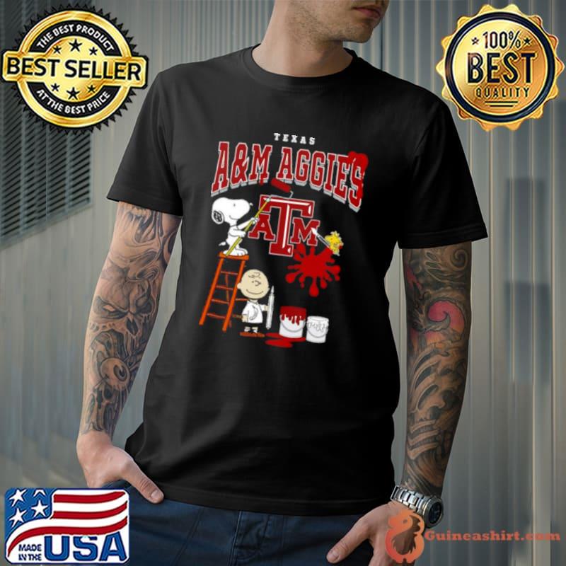 The Peanuts Charlie Snoopy and Woodstock Wall paint Texas A M Aggies shirt