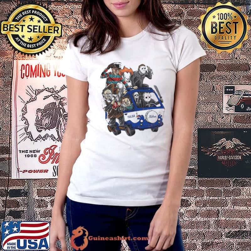 Tulsa Golden Hurricane Horror Movies Characters Bus Halloween 2023 Shirt Ladiestee