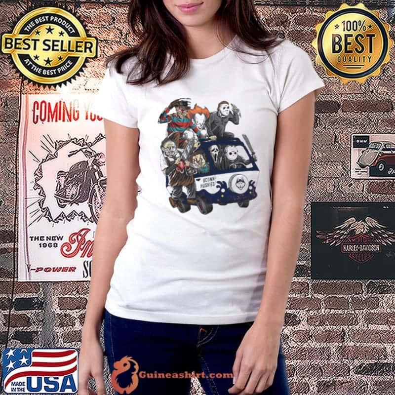 Uconn Huskies Horror Movies Characters Bus Halloween 2023 Shirt Ladiestee