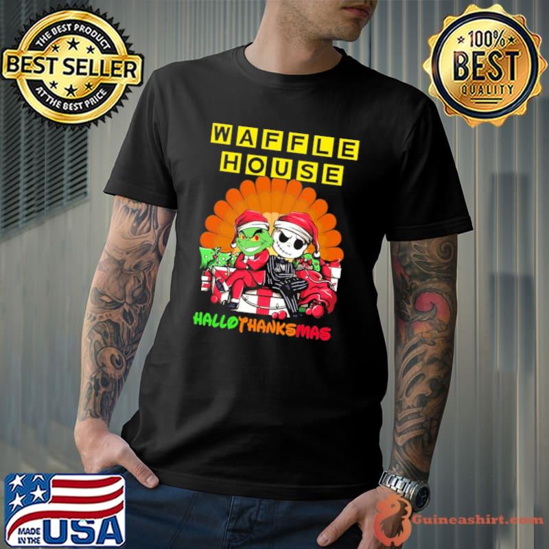 Waffle house hallothanksmas Grinch And Jack Skellington Santa shirt