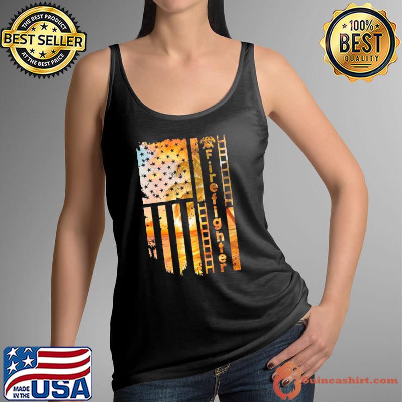 American Flag Firefighter Summer Sunset Palms Tree s Tank Top
