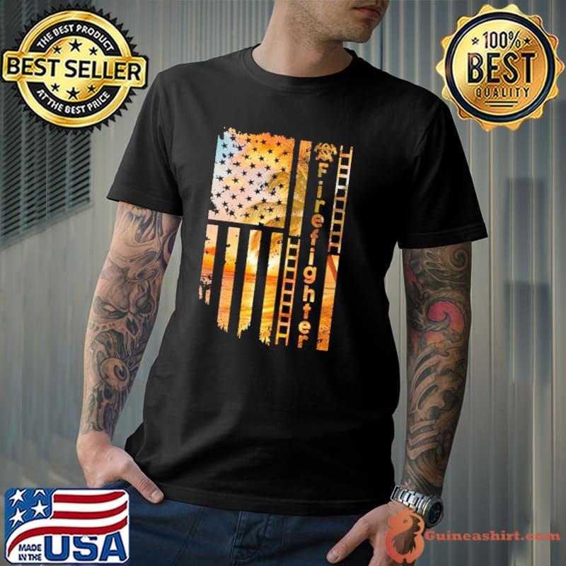 American Flag Firefighter Summer Sunset Palms Tree shirt