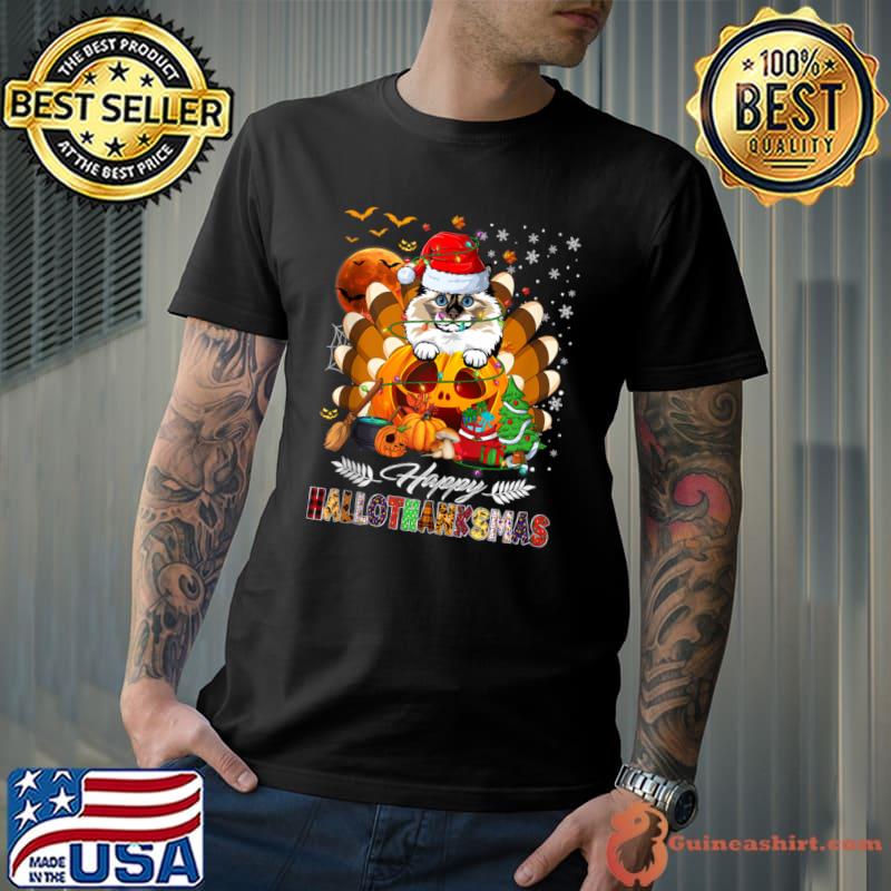 Birman Cat Lover Halloween Thanksgiving Xmas HalloThanksMas Lights Santa hat T-Shirt