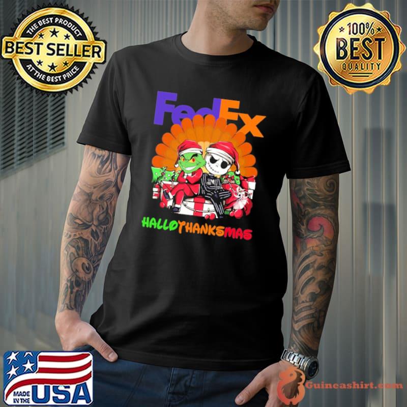 Fedex hallothanhksmas grinch and jack skellington santa hat shirt