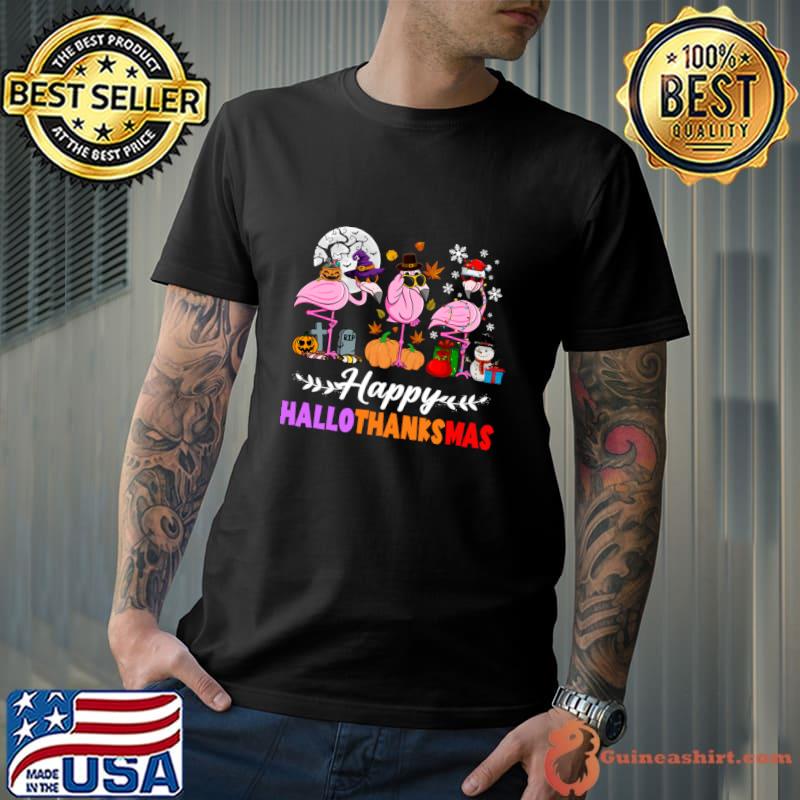 Flamingo Happy HalloThanksmas Pumpkin Moon Halloween T-Shirt