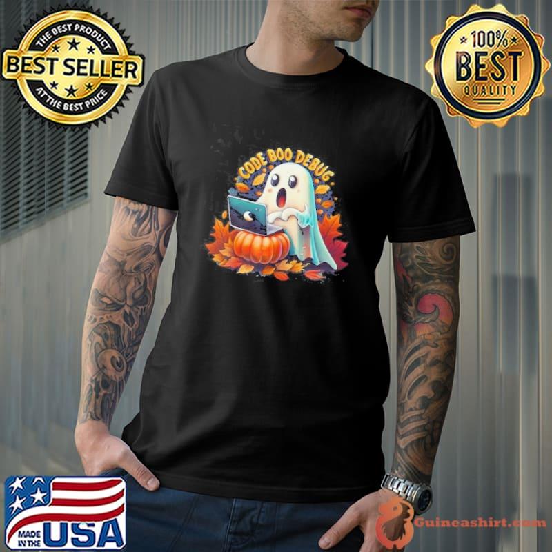 Get into the Halloween coding spirit with our 'CODE BOO DEBUG' shirt