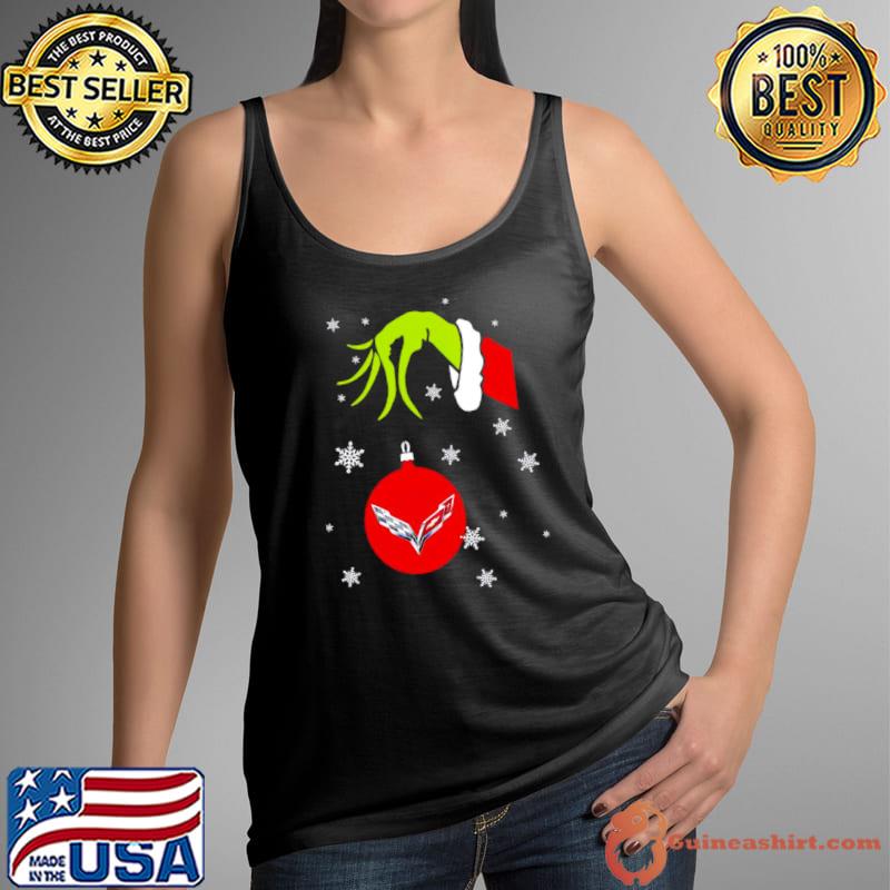 Grinch hand holding Chevrolet Corvette ornament shirt