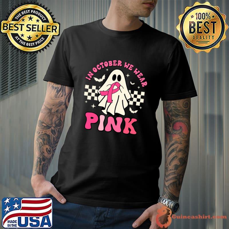 Groovy We Wear Pink Breast Cancer Awareness Ghost Halloween T-Shirt