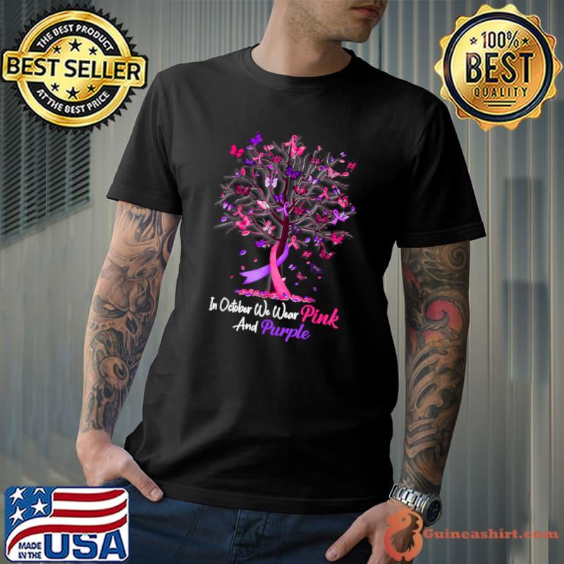 In October We Wear Pink And Purple Butterlies Tree Domestic violence breast T-Shirt