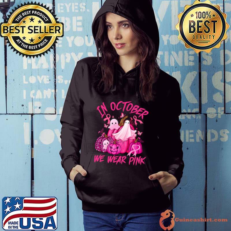 In October We Wear Pink Pumpkin Leopard Ghost Halloween Breast Cancer T-Shirt Hoodie