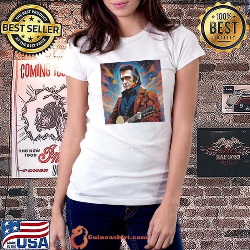 Johnny Cash injured with a guitar on a trippy background Shirt Ladiestee