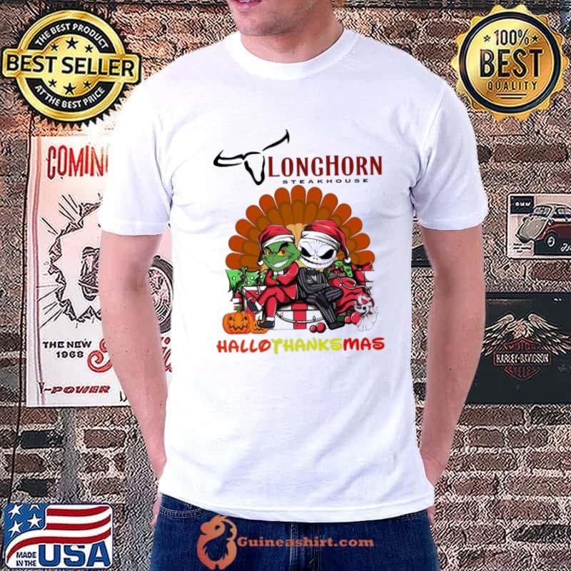 Longchorn steakhouse hallothanksmas grinch and jack skellington satan hat shirt