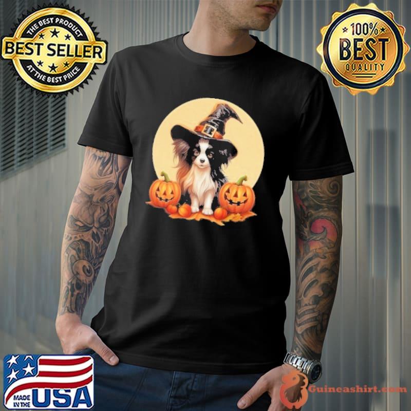 Papillon wearing a witches hat with pumpkins dog shirt