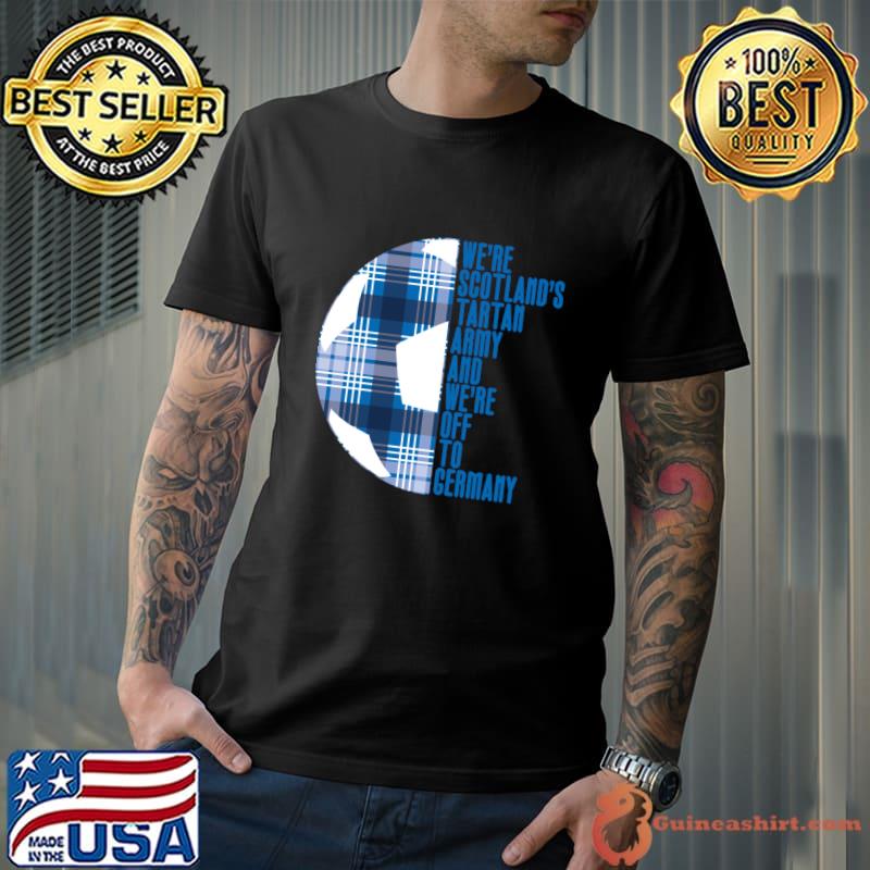 Scotland's Tartan Army And We're Off To Germany Blue and White Tartan Ball T-Shirt