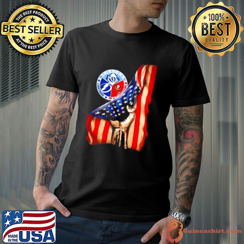 Tampa Bay Rays Buccaneer and Lightning Hand Pulling American Flag Shirt