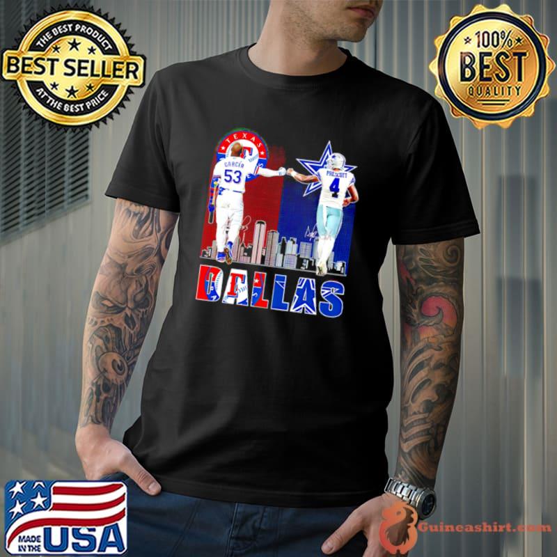 Texas City Skyline Adolis Garcia Texas Rangers and Prescott Dallas Cowboys 2023 Signatures Shirt