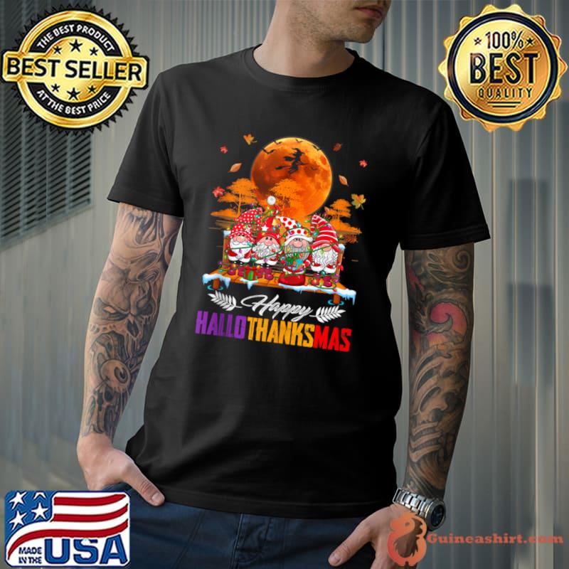 Three Gnomes Happy HalloThanksMas Halloween Thanksgiving Christmas Blood Moon T-Shirt
