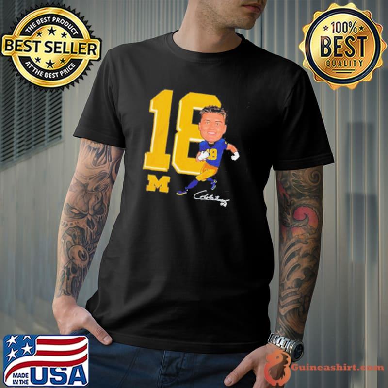 Valiant University of Michigan Football Colston Loveland Navy Caricature Shirt