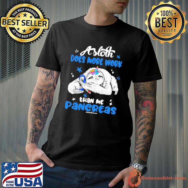 A sloth does more work than me pancreas diabetes awareness unicorn shirt