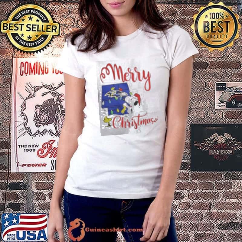 Baltimore Ravens Snoopy And Woodstock Merry Christmas Shirt Ladiestee