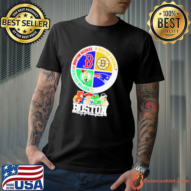 Boston city of Champions Boston Bruins New England Patriots Boston Red Sox Boston Celtics mascots 4 team sport circle logo shirt
