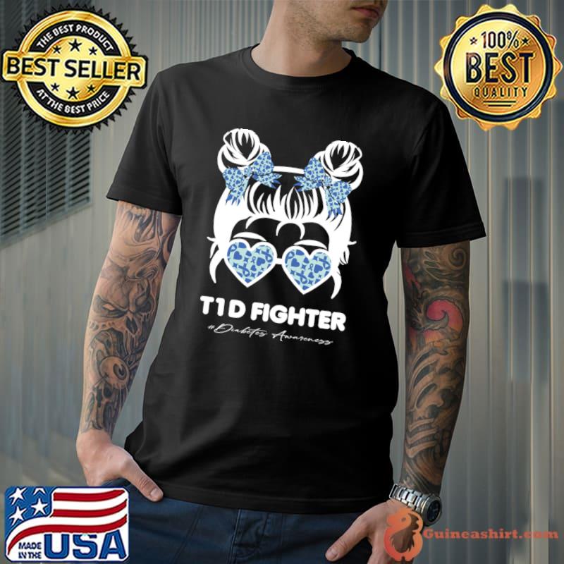 Diabetes Warrior Blue Ribbon Messy Bun Diabetes Awareness T-Shirt