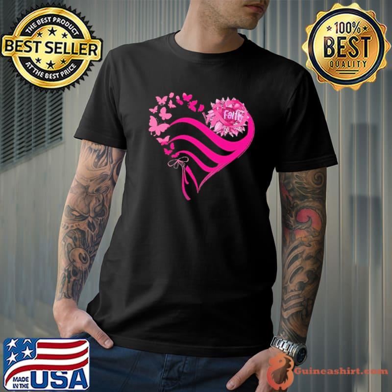 Faith heart butterflies sunflower Breast Cancer Awareness Shirt