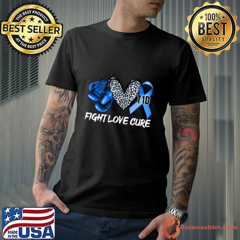 Fight Love Cure Type 1 Diabetes Awareness T1D Blue Ribbon Leopard Heart T-Shirt