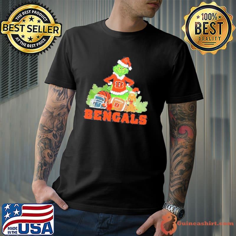 Grinch Hat Santa and Dog Rugby Helmet Cincinnati Bengals Logo Merry Christmas Shirt