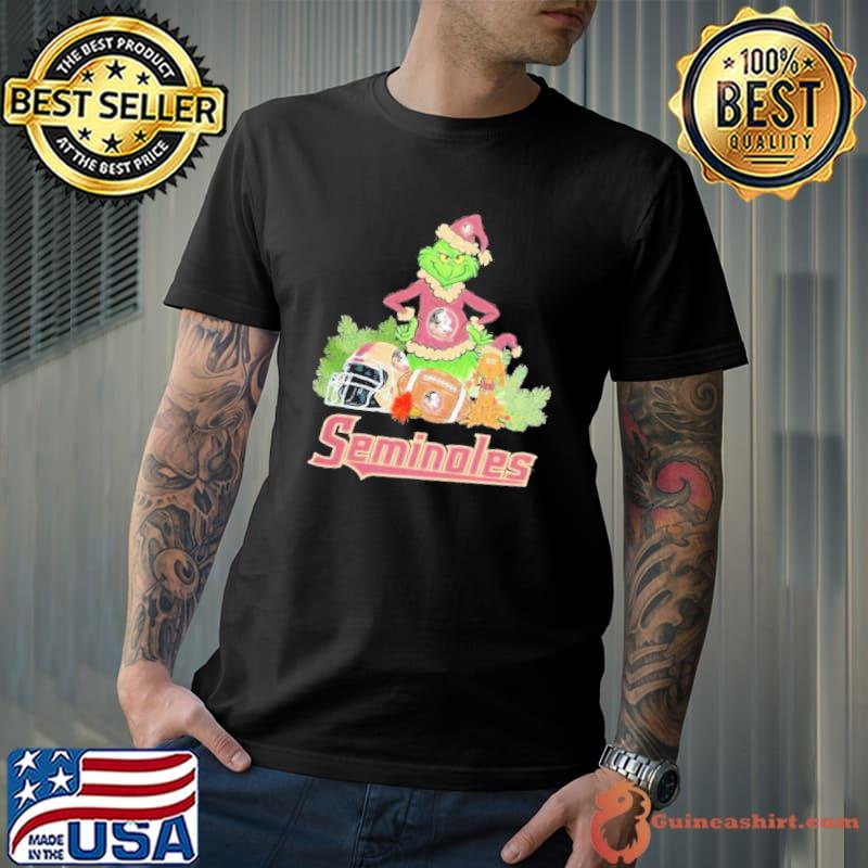 Grinch Hat Santa and Dog Rugby Helmet Florida State Seminoles Logo Merry Christmas Shirt