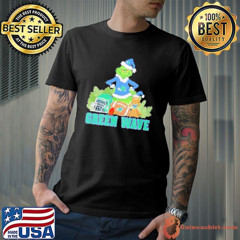Grinch Hat Santa and Dog Rugby Helmet Green Wave Logo Merry Christmas Shirt