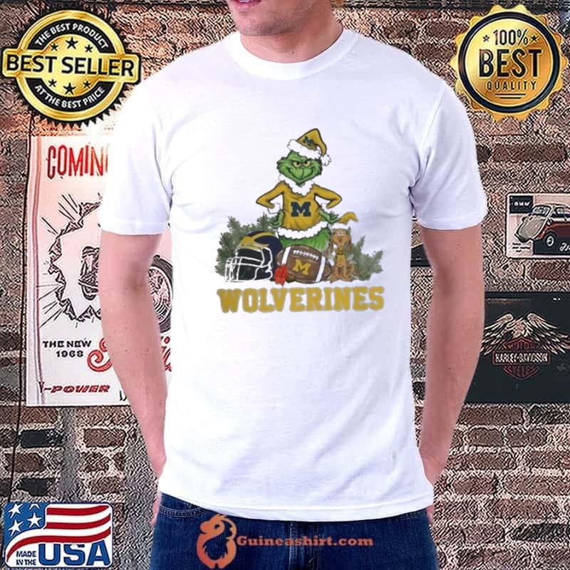 Grinch Hat Santa and Dog Rugby Helmet Michigan Wolverine Logo Merry Christmas Shirt