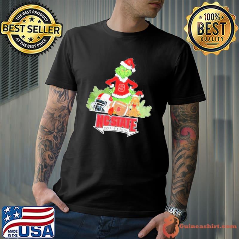 Grinch Hat Santa and Dog Rugby Helmet NC State Wolfpack Logo Merry Christmas Shirt