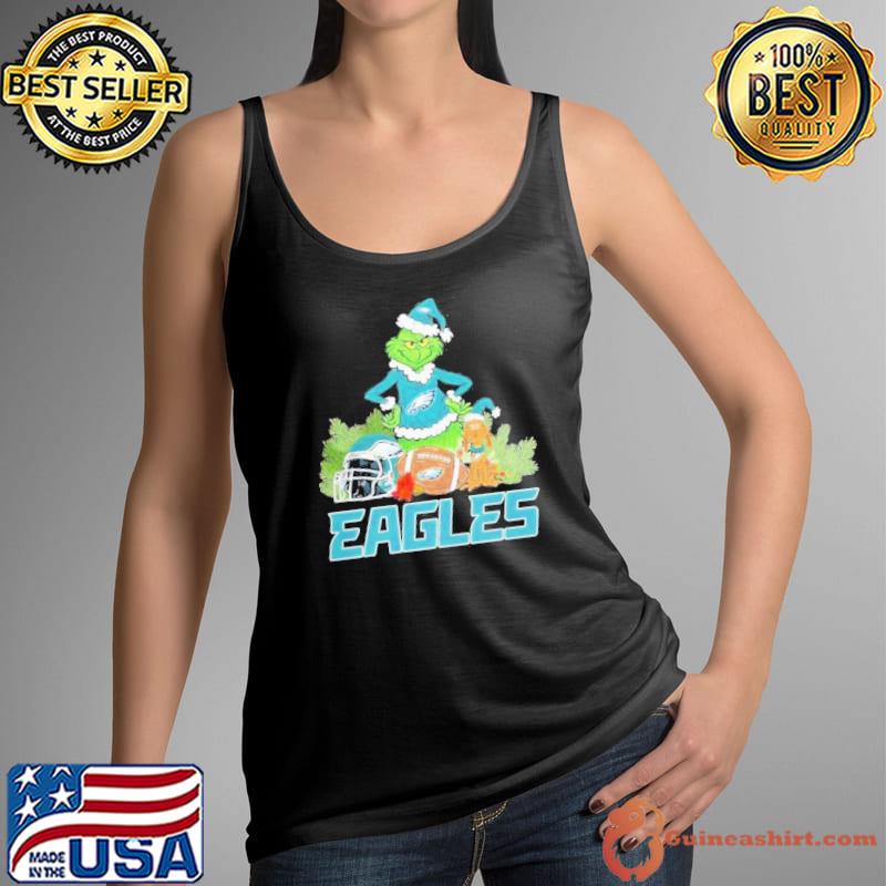 Grinch Hat Santa and Dog Rugby Helmet Philadelphia Eagles Logo Merry Christmas Shirt Tank Top