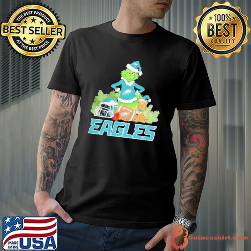Grinch Hat Santa and Dog Rugby Helmet Philadelphia Eagles Logo Merry Christmas Shirt