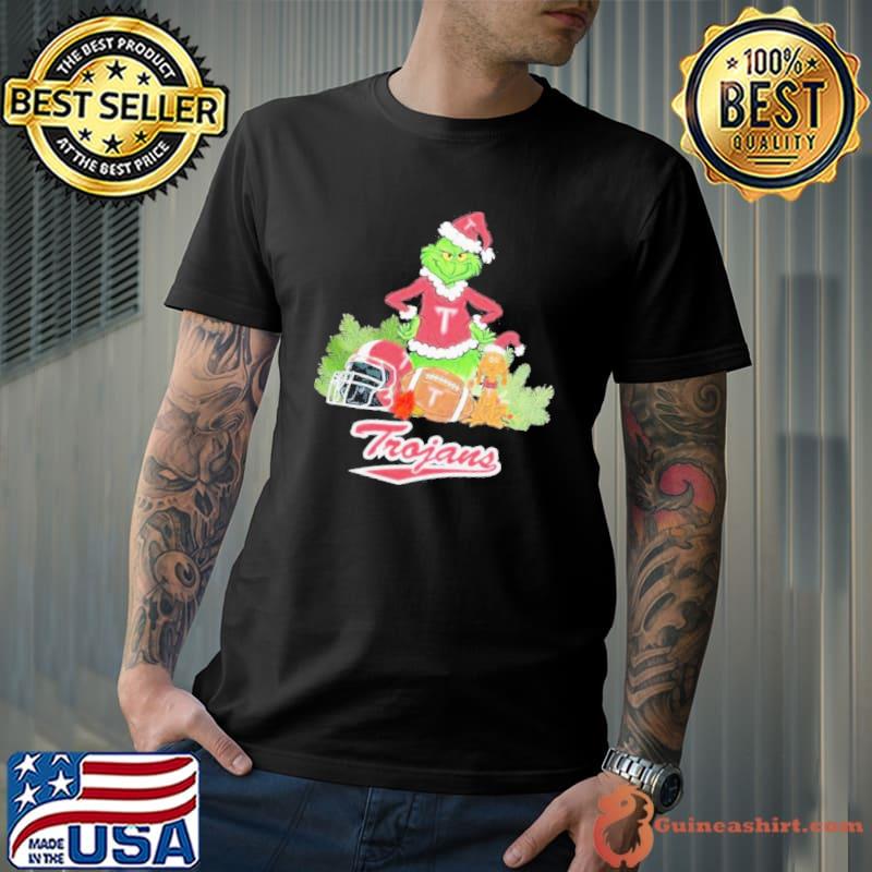 Grinch Hat Santa and Dog Rugby Helmet Troy Trojans Logo Merry Christmas Shirt