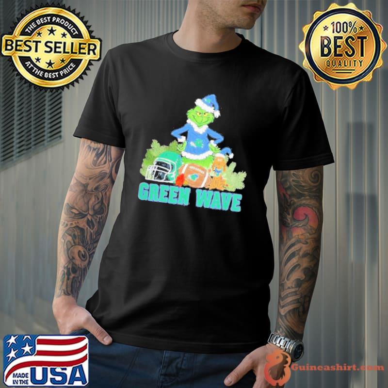 Grinch Hat Santa and Dog Rugby Helmet Tulane Green Wave Logo Merry Christmas Shirt