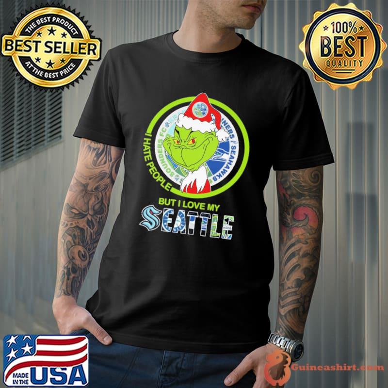 I hate people but i love my seattle grinch wearing santa hat xmas shirt