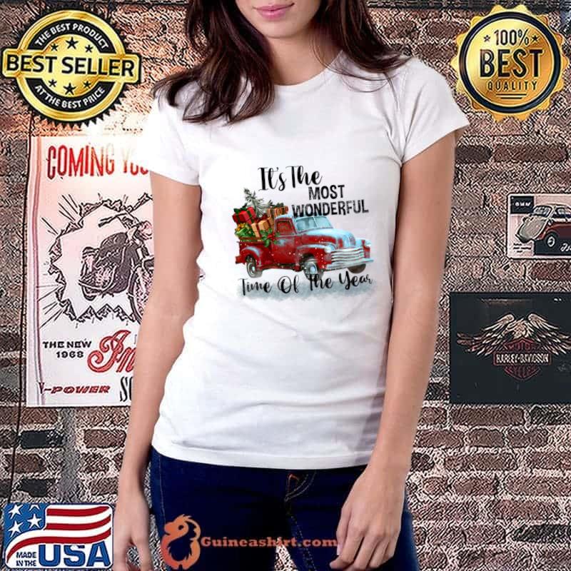 Merry Christmas Red Truck It's The Most Wonderful Time Of The Year T-Shirt Ladiestee