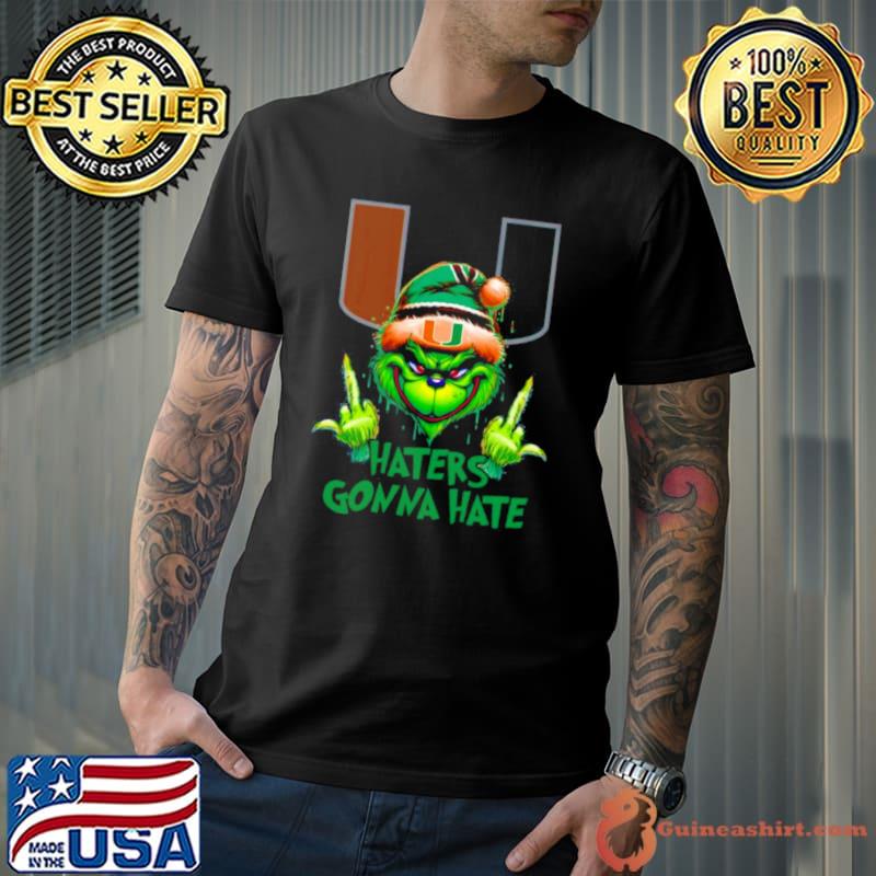 Miami Hurricanes Grinch Santa Middle finger haters gonna hate shirt