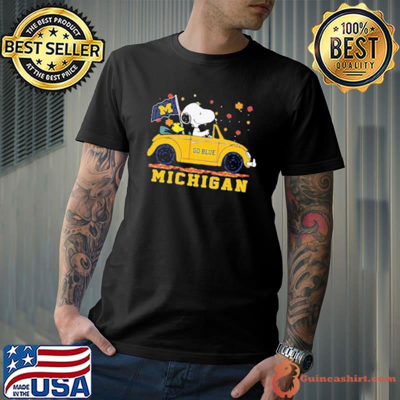 Official Peanuts Snoopy And Woodstock On Car Michigan Wolverines Go Blue Shirt