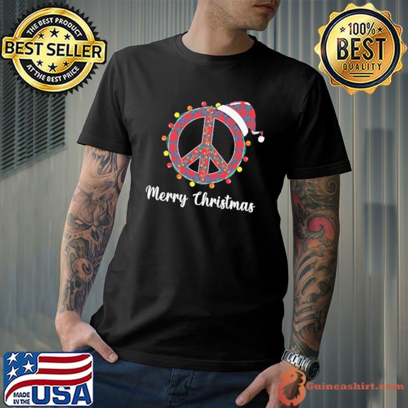 Peace Sign Santa Hat Christmas Lights Hippie shirt