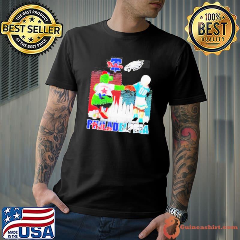 Philadelphia city Philadelphia Phillies and Philadelphia Eagles mascots skyline 2023 shirt