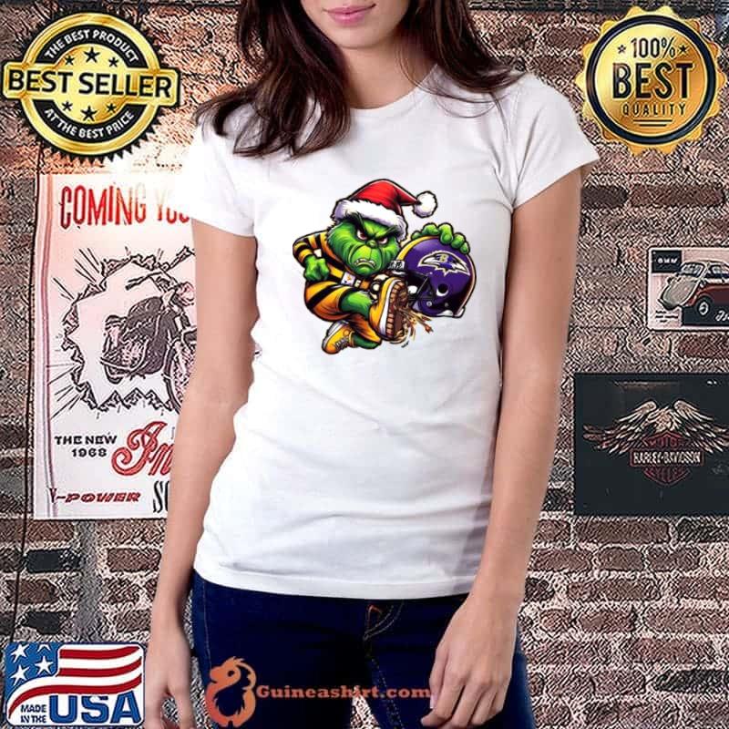Santa Grinch Pittsburgh Steelers Shoot Baltimore Ravens Christmas Shirt Ladiestee