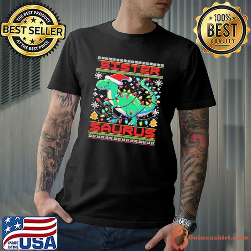 Sister Saurus Wear Santa Hat Lights Ugly Christmas shirt