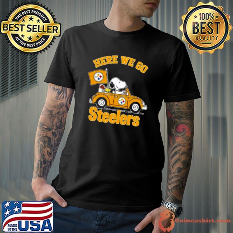 Snoopy And Woodstocks Driving Car Here We Go Pittsburgh Steelers Shirt
