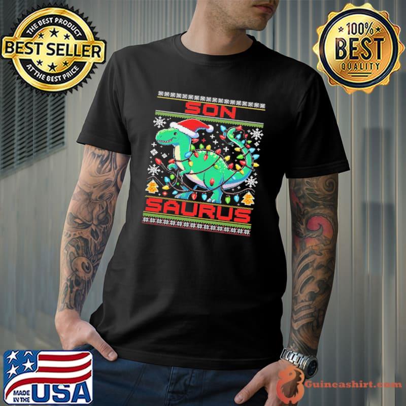 Son Saurus Wear Santa Hat Lights Ugly Christmas shirt