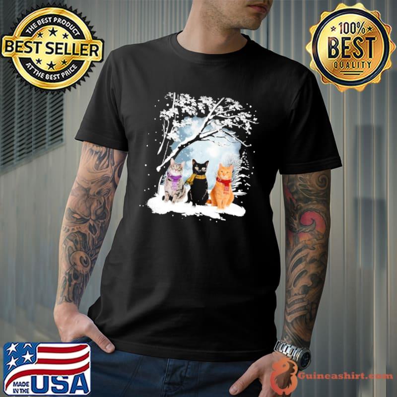 Three cats snow tree merry christmas shirt